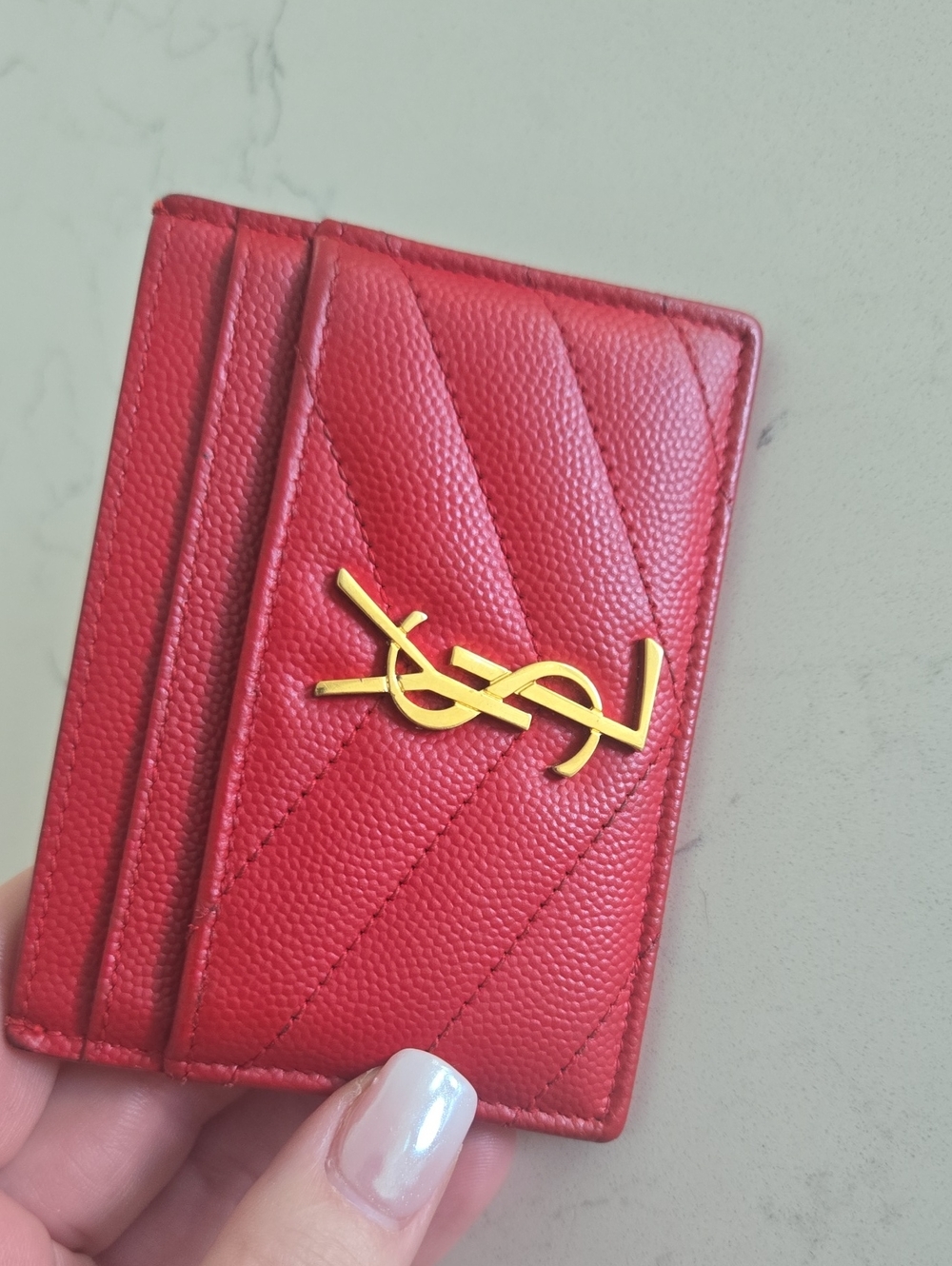 Yves Saint Laurent Red Quilted Card Case with Gold YSL Emblem